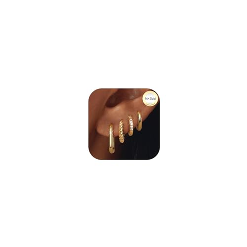 Dochais Ohrringe für Damen Ohrstecker Set 14K Vergoldete Silber Creolen Gold Edelstahl Klein Hypoallergen Ohrringe Schmuck Damen für Mehrere Piercings (4Paar Gold Ohrringe Set, Gold Ohrringe)