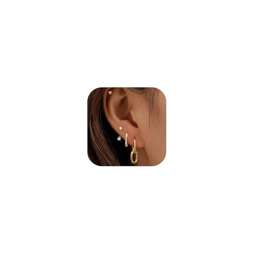 FIOROYAL 4Paar Piercing Ohr Gold,14K Gold Gefüllte Ohrringe Set für Mehrere Ohrlöcher,Tropfen Creolen Ohrringe für Damen,Helix Piercings Medizinische Ohrstecker Gold