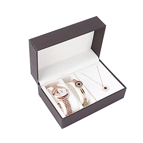 FECAMOS Elegante Rose Gold Uhr und Armband Set, 3 in 1 Damenuhren Set Geschenke Legierung Akzent Armreif Armbanduhr Halskette für Frauen Jubiläum Geburtstagsgeschenk Schmuckset