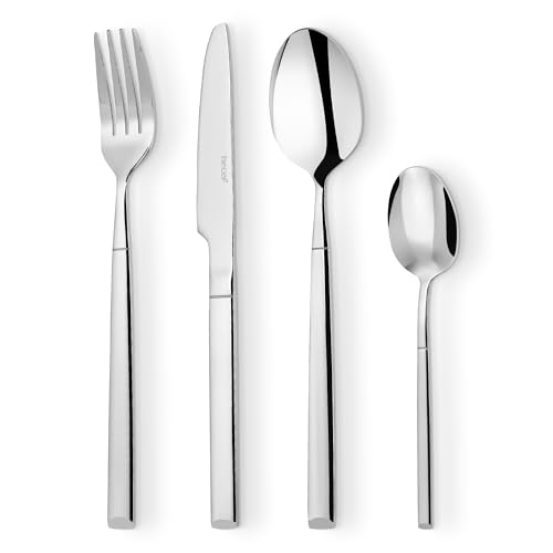 hecef Besteck Set 4 Personen, 16-teilig Essbesteck Set aus 18/0 Edelstahl, Spülmaschinenfest and Rostfrei Tafelbesteck, inkl. Messer, Gabel, Löffel, Ergonomisches Design Besteckset, Silber