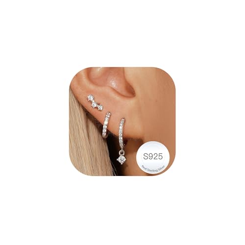 Halora Ohrringe Silber 925 Set Damen Kleine Creolen Ohrstecker Silber Hypoallergen Stapelbar Ohrringe Stecker Creolen Set Gifts Round Diamond Earrings for Women