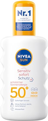 NIVEA SUN Sensitiv Sofort Schutz Sonnenspray LSF 50+ (200 ml), pflegendes Sonnenspray für empfindliche Haut bei Sonnenallergie, Sonnenmilch als praktisches Spray
