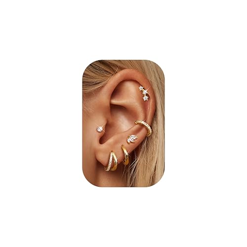 Dochais 6 Paar Ohrringe Gold Set für Damen 316L Chirurgenstahl Creolen Ohrstecker 14K Vergoldetes Hypoallergene Cubic Zirkonia Ohrstecker Huggie Helix Knorpel Goldene Ohrringe Mehrfache Piercings