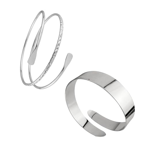 Hebterrka 2 Stück Oberarmreif Silber Metall Spirale Manschette Armband für Frauen Unregelmäßige Welle Großer Statement Armreif Schmuck für Partys