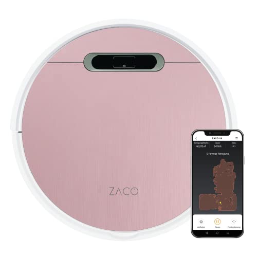 ZACO V6 Saugroboter mit Wischfunktion, gleichzeitig saugen und wischen, bis zu 2.000 Pa Saugstärke, Staubbeutel (für Allergiker) & Staubtank, App, Alexa, GoogleHome, für Tierhaare, Passion Rose
