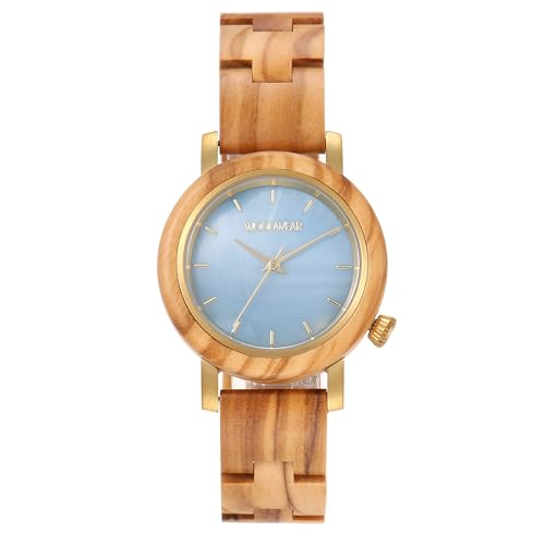 woodwear Damenarmbanduhr aus Olivenholz mit blauem Perlmutt-Zifferblatt Armbanduhr Holzuhr Sky Blue Edition japanischem Marken Quarzwerk (Sky Blue)