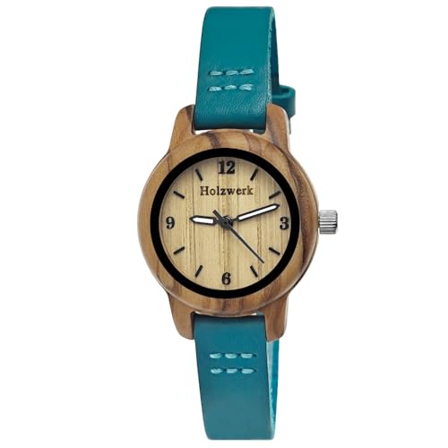 Holzwerk Germany Handgefertigte Kleine Öko Damen-Uhr Öko Natur Holz-Uhr Leder Armband-Uhr Analog Klassisch Quarz-Uhr in Schwarz Braun Rot Blau Türkis (Türkis.braun)