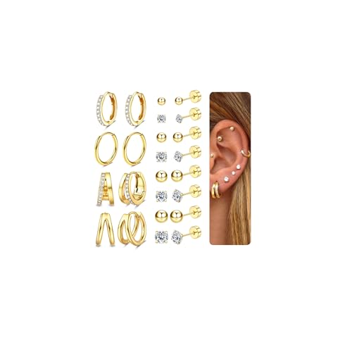 CASSIECA 12 Paar Piercing Ohr Gold Set, 316L Chirurgenstahl Ohrringe für Damen Herren Medizinische Ohrstecker und Creolen für Mehrfachpiercing 14K Vergoldet Helix Tragus Piercing Ohr Gold