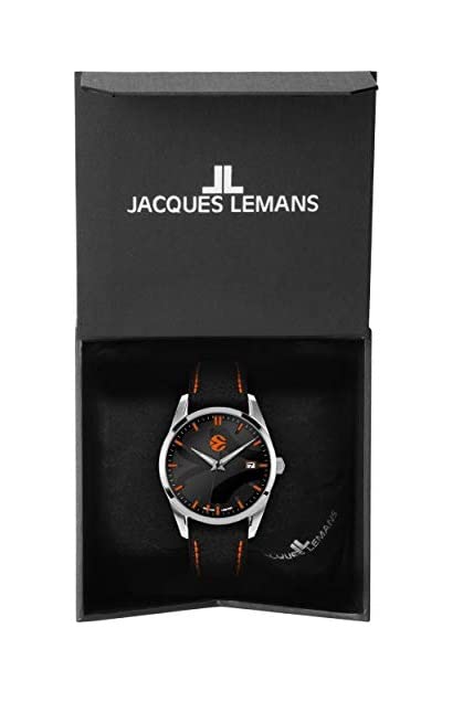 JACQUES LEMANS Herren Armbanduhr massiv Edelstahl 1 Uhr, schwarz/Silber, 44