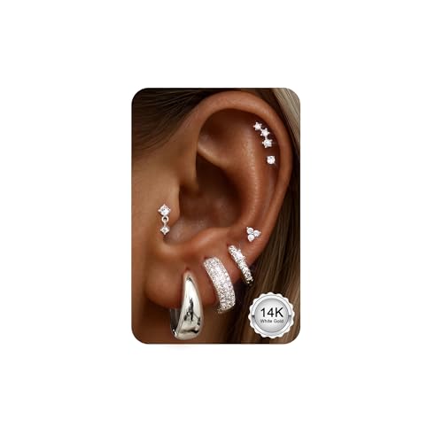 CASSIECA 7Paar Ohrringe Silber Damen Chirurgenstahl Creolen Ohrstecker Set Ohrringe Flacher Verschluss 14K Weißgold Creolen Stecker Damen für Mehrfachpiercing Helix Tragus Piercing Ohr Silber Schmuck