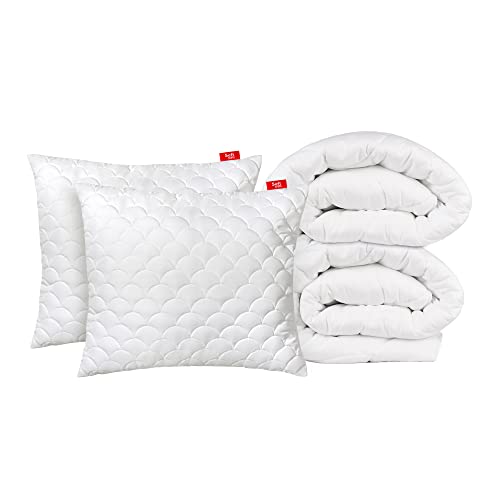 SOFTIMI Bettwäsche Weiß Bettwäsche-Set Premium Bettdecke Steppdecke und Kissen - Microfaser Hypoallergene Antiallergische Anti-Milbe (2x135x200 + 2x80x80)