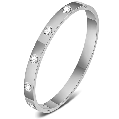 HAMKU 1 Stück Schmuck Damen Armreif, Armband Damen, Armreif silber, Zirkonia einfache Stil Liebe Armband 6mm Breit mit Schließe Armspange Gravur