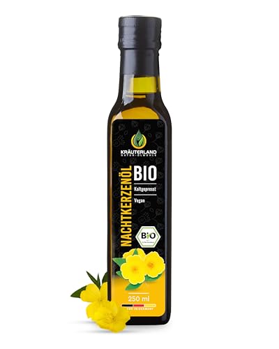 Kräuterland Bio Nachtkerzenöl 250ml - Nachtkerzensamenöl, kaltgepresst, naturrein, vegan - Speiseöl zum Kochen & pur Einnehmen, auch in weiteren Flaschengrößen 500ml & 1 Liter - Premium Qualität