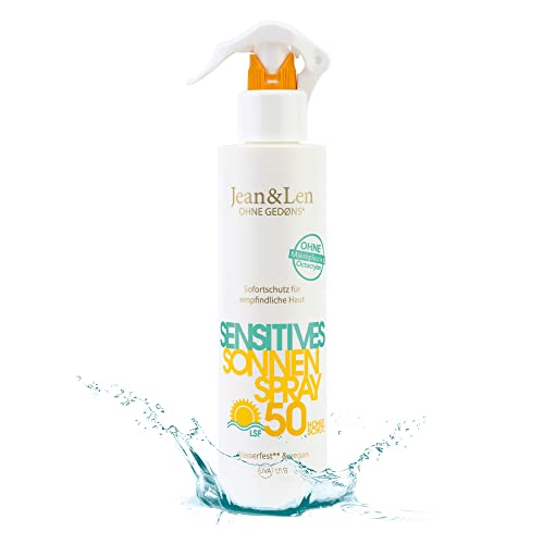 Jean & Len Sensitiv Sonnenspray 50 LSF wasserfest, für empfindliche Haut geeignet, ohne Silikone, Octocrylen, Duftstoffe & Mikroplastik, vegan, Sprühflasche 250 ml