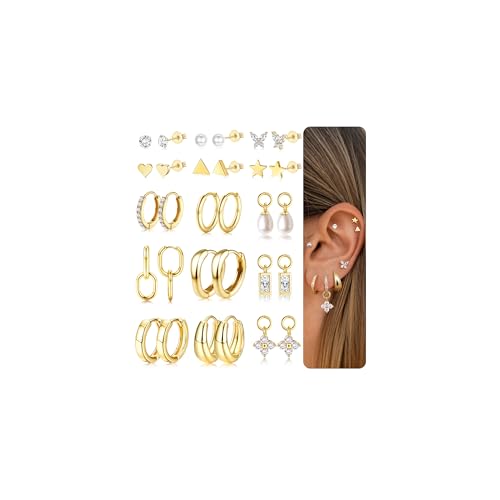 Diamday 12 Paar Hypoallergene Ohrring Set Für Damen 316L Chirurgenstahl Ohrringe Gold Ohrringe Creolen Piercing Ohr Gold Medizinische Creolen Ohrstecker Tragus Knorpel Helix Mehrfache Piercings