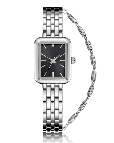 CIVO Damenuhr und Armband Rechteckig Silber Edelstahl Armbanduhr Damen Designer Einfache Wasserdicht Analog Quarz Uhr, Klassische Geschenke für Frauen