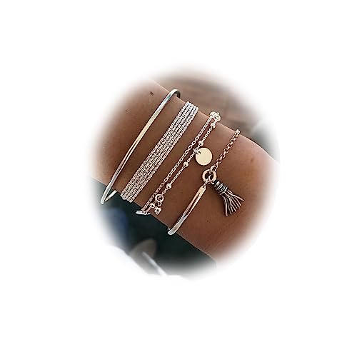 TseenYi Silber Armband Set Boho geschichtete Armreif Quaste Anhänger Armband gestapelt offene Handgelenk Kette Mode Armband Schmuck für Frauen und Mädchen Geschenk Weihnachten 4Pcs
