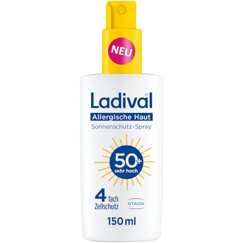 Ladival Sonnenschutz Spray LSF 50+ für allergische Haut - Sonnencreme bei Sonnenallergie und Mallorca-Akne, wasserfest, fettfrei, 4-fach Zellschutz, korallenfreundlich, leichte Gel-Formel, 150ml