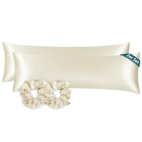 RUIKASI Seitenschläferkissen Bezug 40x145 Beige - Satin Kissenbezug 2er Set mit Reißverschluss wie Seidenkissenbezug mit 2 Haargummis，Kopfkissenbezug 145x40 für Seitenschläfer Kissen