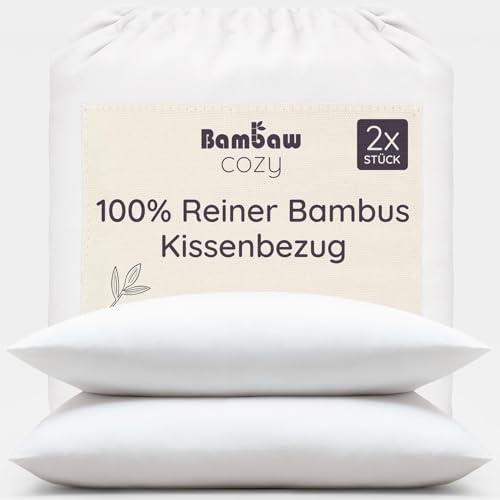 Bambaw Kissenbezug 65 x 65 Bambus, 2-er Pack, atmungsaktive Allergiker-Bettwäsche, kuscheliger und weicher Kissenbezug gegen Haarbruch, antibakteriell und hypoallergene Bettwäsche (Weiß)