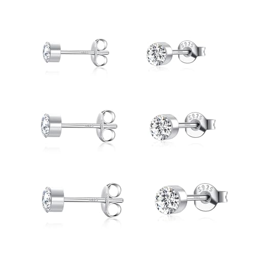3 Paar 925 Sterling Silber Zirkonia Ohrstecker Set, 2/3/4mm Hypoallergen Nickelfrei Funkelnde Ohrringe, kleine Knorpel Ohrstecker Silber für Frauen Männer
