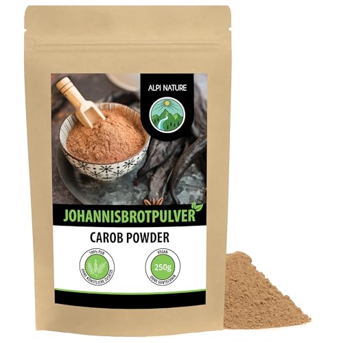 Carobpulver 250g von Alpi Nature, Johannisbrotschoten getrocknet und gemahlen, natürlicher Süßstoff für Gebäck, Desserts und Carob Schokolade, Johannisbrotmehl, Johannisbrotpulver Dunkel