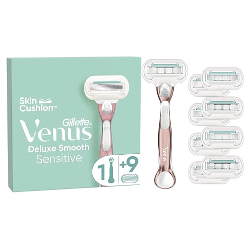 Gillette Venus Deluxe Smooth Sensitive Rasierer Damen, Damenrasierer + 9 Rasierklingen mit 5-fach Klinge, Geschenk für Frauen, Kunststoff, schwarz