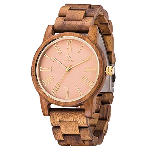 MUJUZE Holzuhr Damen,Holz Armbanduhr Analog Quarz Klassik Uhr Holz mit Goldenem Zeiger Geschenke für Frauen (ME1002 Acacia Wood)