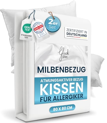Glückstoff® 2er-Set Milbenbezug Kissen 80x80 [Zertifiziert IN Deutschland] - Premium Kissenschoner Encasing Milben - Allergiker Kissenschutzbezug - Allergie Bettwäsche Anti Milben - Milbenschutzbezug