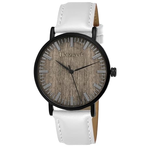 Holzwerk Germany Handgefertigte Flache Designer Unisex Herren-Uhr Damen-Uhr Öko Natur Holz-Uhr Armband-Uhr Analog Klassisch Quarz-Uhr Braun Schwarz Leder-Armband (Weiß)