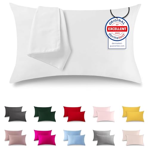 ATsense 2er Set Kissenbezug 30x50 cm - 100% Baumwolle, Weiß Kopfkissenbezug Weich und Hypoallergen, ÖkoTex Zertifiziert, Kissenhülle mit Reißverschluss für Allergiker Geeignet