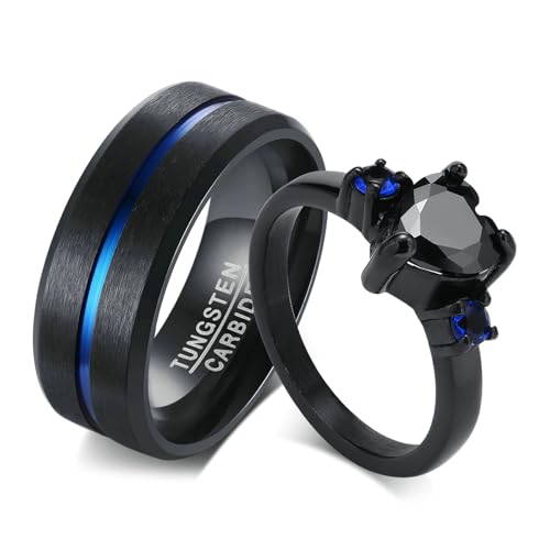 Bishilin Pärchen Ringe für 2, Hochzeitsringe Paar Wolframcarbid Edelstahl Herz mit Zirkonia Schwarz Verlobungsringe Eheringe Nickelfrei Damen Gr.55 (17.5) & Herren Gr.67 (21.3)