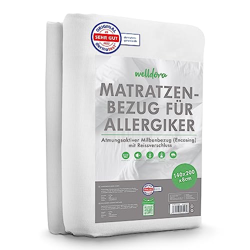 Welldora ǀ Premium Milbenbezug Matratzen 140x200x8 Topper ǀ Fachärztlich getesteter Allergiker Matratzenschoner ǀ Anti Milben Encasing mit Reissverschluss ǀ Allergiker Bettwäsche