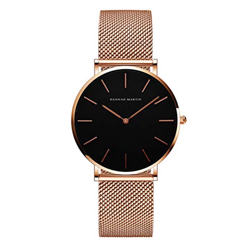 HANNAH MARTIN Damen Uhren Analog Quarz Edelstahl Wasserdicht Mesh Ultradünne (Schwarz Oberfläche ，Rosegold Armband)