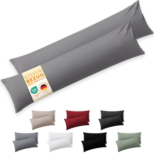 Blumtal Kissenbezug Seitenschläfer - 40 x 145cm, 2 Stück - Oeko-TEX zert. Seitenschläfer Kissenbezüge mit umgeschlagenem Rand extra weich & waschmaschinenfest - Kopfkissen - Bezug Kissen Grau