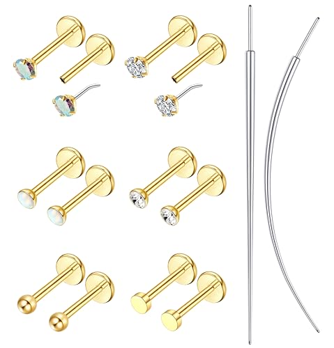 Morfetto 6 Paar Helix Piercings Chirurgenstahl (0,8mm),Hypoallergene Tragus Piercing Set Piercing Ohr Labret Conch Nasenpiercing Stecker Lippenpiercing,Gold Tragus Ohrringe Piercings Schmuck