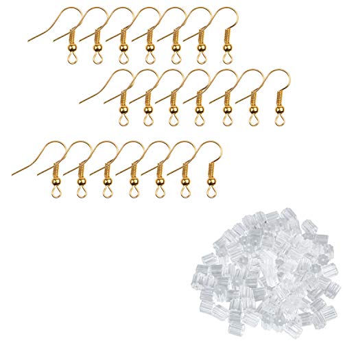 Eco-Fused 200 Stück Gold Ohrring-Haken und 500 Stück transparente Ohrring-Rückseiten - Nickelfreie Ohrdrähte (18mm) - Kunststoff-Stopper-Ersatz-Sicherheitsrücken (2,5mm x 3mm)