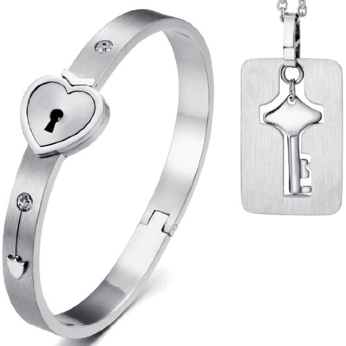 JewelryWe Schmuck 2tlg Edelstahl Silber Herz Sperren Armband Armreif & Schlüssel Hundemarke Anhänger Halskette Kette Set