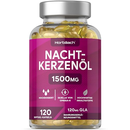 Nachtkerzenöl Kapseln Hochdosiert 1500mg | 120 Evening Primrose Oil Softgel Capsules | mit Omega 6 und GLA | By Horbaach