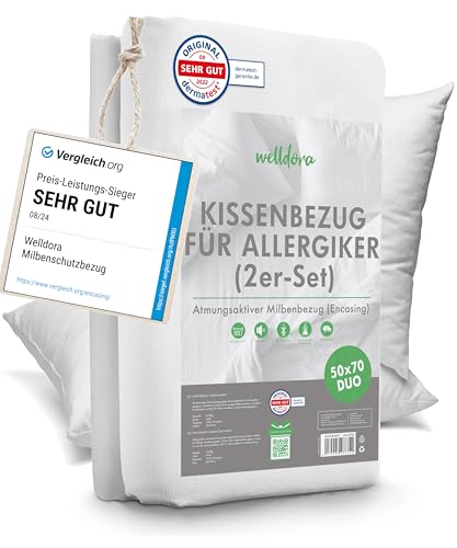 Welldora ǀ 2er-Set Milbenbezug Kissen 50x70 ǀ Allergiker Kissenbezug fachärztlich getestet ǀ Premium Encasing mit Reissverschluss ǀ Allergiker Bettwäsche