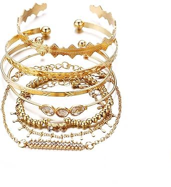 Sprinlot Armreif Gold, 7 Pcs Goldener Schmuck, Gold Bracelet Women, Vergoldetes Und Versilbertes Damenarmband-Set, Indischer Schmuck, Chunky Jewelry, Goldschmuck Damen, Glattes Armbandset Für Frauen