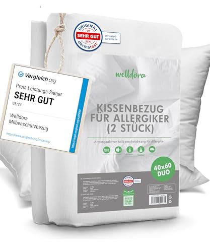 Welldora ǀ 2er-Set Premium Milbenbezug Kissen 40x60 ǀ Allergiker Kissenbezug fachärztlich getestet ǀ Premium Encasing mit Reissverschluss ǀ Allergiker Bettwäsche
