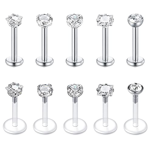 Funseedrr 10er 1.2mm Edelstahl Lippenpiercing Labret Stecker Set 8mm Silber Tragus Helix Piercing Schmuck