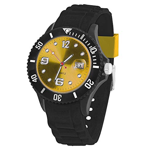 Taffstyle Damen Herren Sportuhr Armbanduhr Silikon Sport Watch Farbiges Ziffernblatt mit Datum Analog Quarz Uhr Schwarz Gelb