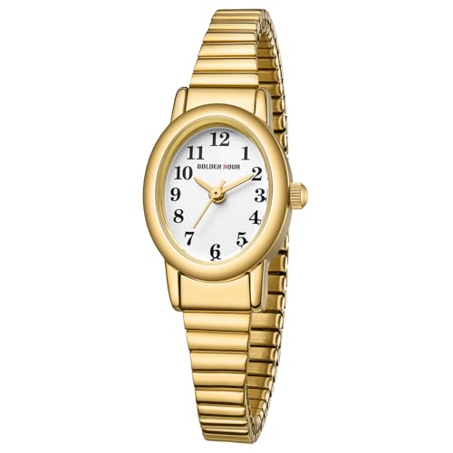 GOLDEN HOUR Kleine Armbanduhr Damen Analog Quarz Leicht Ablesbare Uhr Damen mit Edelstahl-Dehnarmband, Rundes Gehäuse, 12 Stunden Digitale wasserdichte Armbanduhr für Frauen Mädchen