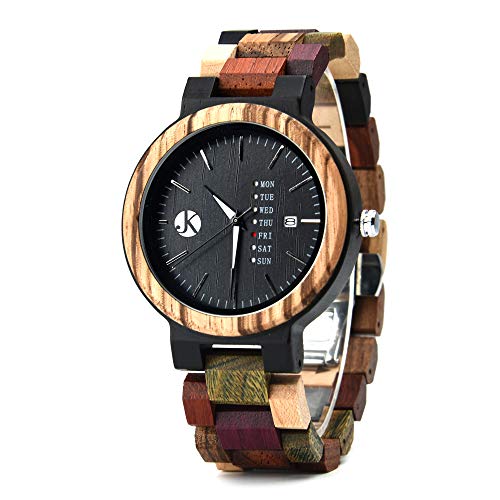 Kim Johanson Herren Holz-Edelstahl Armbanduhr *Colorful Week* mit Datum- & Tagesanzeige Handgefertigt Quarz Analog Uhr inkl. Geschenkbox