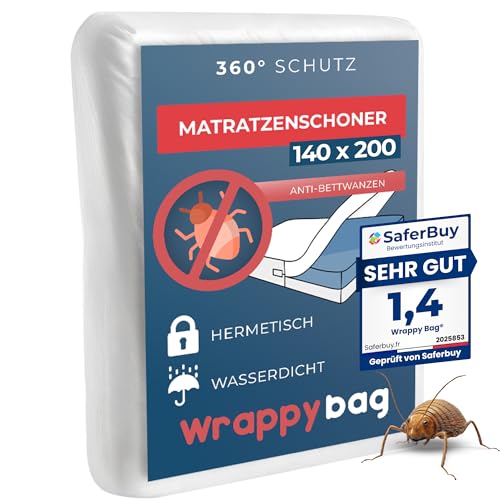 WRAPPYBAG Wasserdichter Matratzenschoner – Anti-Bettwanzen & Hausstaubmilben Matratzenbezug – Chemikalienfrei & Atmungsaktiv – 140x200x25 cm – Erhältlich in 15 Größen