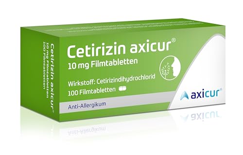 Cetirizin axicur 10 mg Filmtabletten, Linderung von Heuschnupfen und verbundener Beschwerden wie Schwellungen, Rötungen und Juckreiz der Haut, geeignet zur Behandlung ganzjähriger Allergien, 100 St