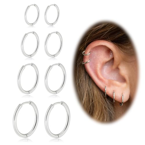 4 Paar Ohrringe Gold Silber Set Medizinische Chirurgenstahl Creolen Damen Herren Hypoallergen Ohrringe Edelstahl Dünn Creolen Klein Für Helix Piercing für Männer 6mm 8mm 10mm 12mm(Silver 1.6mm Thin)