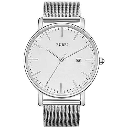 BUREI Uhr Herren Silber Minimalistische Ultra Dünne Quartz Analog Datum Edelstahl Mesh Band 41MM